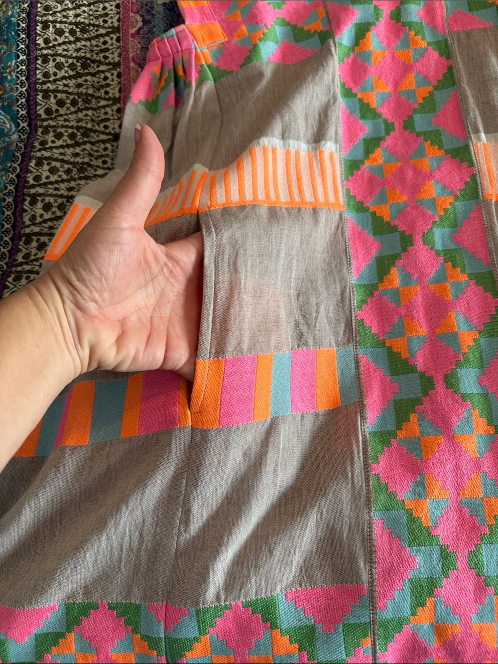 Sleeveless Embroidered Tunic Dress - Gray with Neon Pink & Coral Accents - Picture 4 of 6
